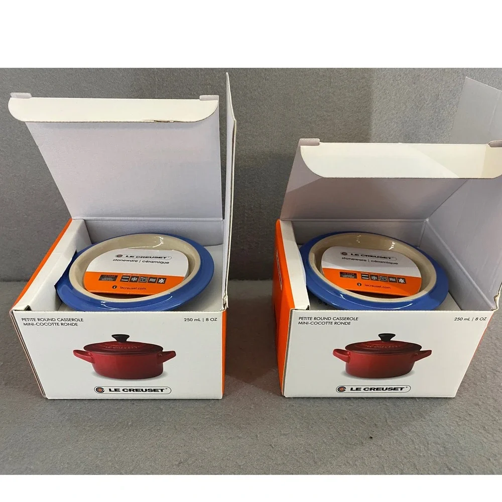 Le Creuset Set of 2 Mini Round Cocotte 8oz Cobalt Blue Stoneware PG1160-10 NEW